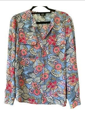 Jones New York Floral Blouse Blue Pink Botanical Top Split Neck Flap Pocket L